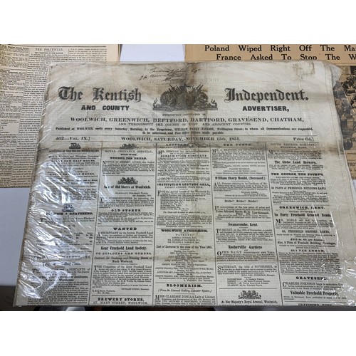 312 - Selection of vintage newspapers including The Kentish Independent Nov 15th 1851 and various copies, ... 