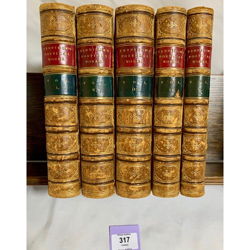 317 - The Poetical Works of Alfred Tennyson - 5 Full Leather Volumes (Henry King & Co) 1875.Five hands... 