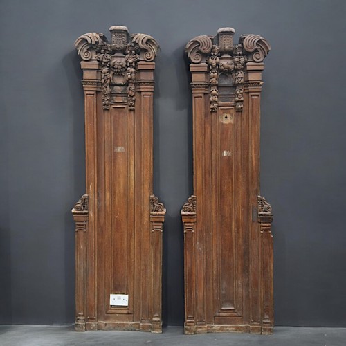 447 - Two Early 20th Century Carved Oak Column Panel Facias.Neo Classical design with Deep Black Forest St... 