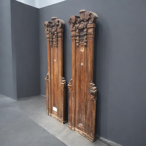 447 - Two Early 20th Century Carved Oak Column Panel Facias.Neo Classical design with Deep Black Forest St... 