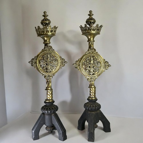 106 - A large pair of brass & iron Chenet.French, 19th century.Gothic revival design.