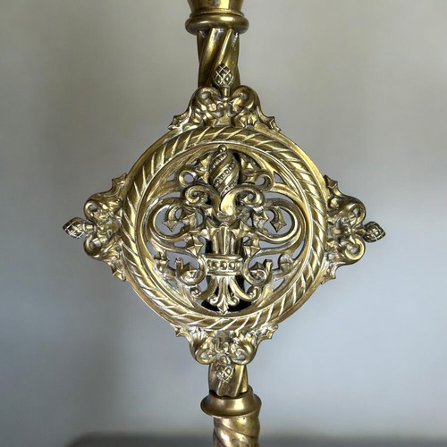 106 - A large pair of brass & iron Chenet.French, 19th century.Gothic revival design.