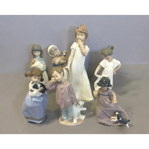 56 - 7 Nao Figurines Boy with Teddy Bear, Girl with Lamb, Girl with Puppy etc