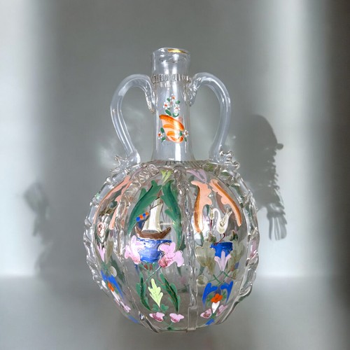 52 - A Fritz Heckert glass twin handled Carafe. Form 387, Circa 1880,Hand painted Dutch motifs. Lit: S. Z... 