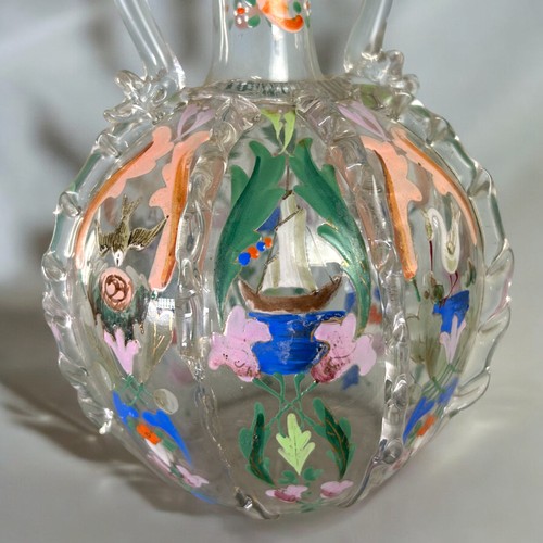 52 - A Fritz Heckert glass twin handled Carafe. Form 387, Circa 1880,Hand painted Dutch motifs. Lit: S. Z... 