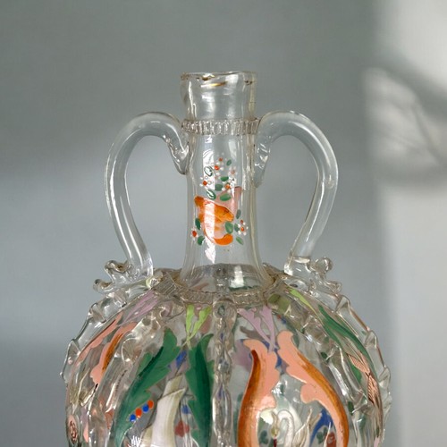 52 - A Fritz Heckert glass twin handled Carafe. Form 387, Circa 1880,Hand painted Dutch motifs. Lit: S. Z... 