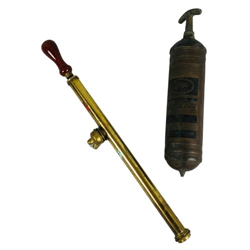 102T - Antique Pyrene Fire Extinguisher together with a Donald Edward LTd Brass fumigation Pump (Hand Held)