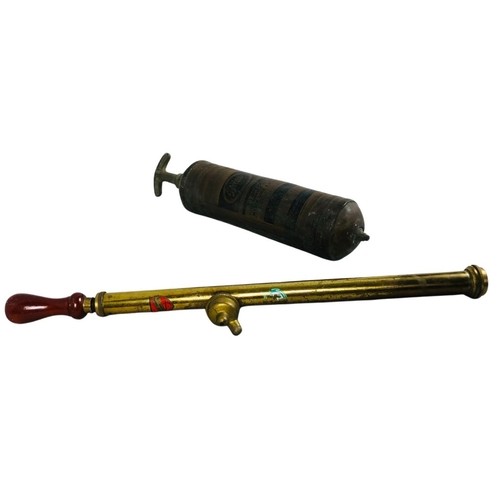 102T - Antique Pyrene Fire Extinguisher together with a Donald Edward LTd Brass fumigation Pump (Hand Held)