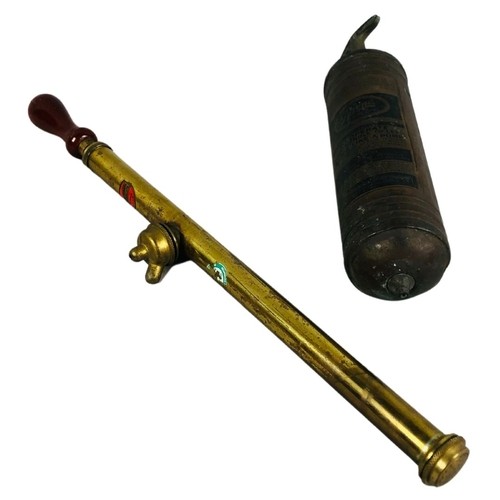 102T - Antique Pyrene Fire Extinguisher together with a Donald Edward LTd Brass fumigation Pump (Hand Held)