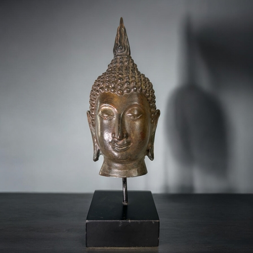 15 - A mounted Thai bronze Buddha head.In the Sukhothai kingdom style. Height - 24cm