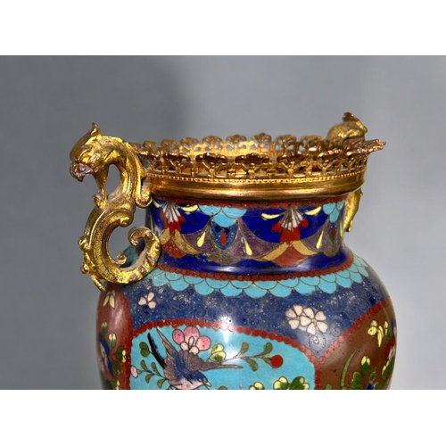 18 - A Japanese gilt mounted Cloisonne vase.Meiji period, 19th century. Depicting birds and floral sprays... 