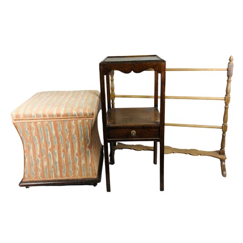 23 - An Antique Occasional Table/Side Table, A Vintage Wooden Towel Rail and an upholstered Medium Ottoma... 