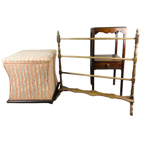 23 - An Antique Occasional Table/Side Table, A Vintage Wooden Towel Rail and an upholstered Medium Ottoma... 