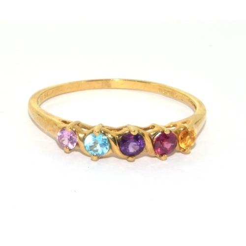 561 - 9ct gold ladies semi precious stone ring set with Ruby, Amber , Garnet Aquamarine, and Tourmaline si... 