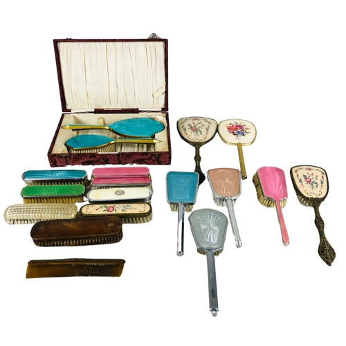 99 - Collection of Guilloche Enamel and other Vintage Brushes and other dressing table items.