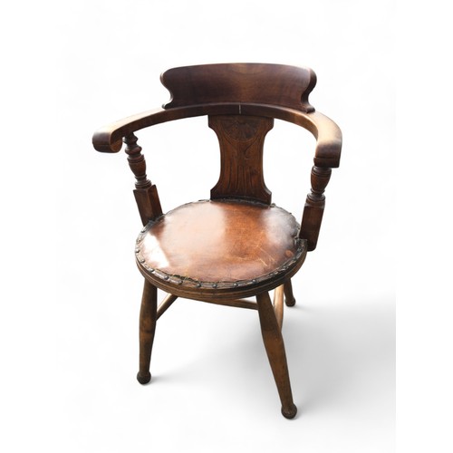 168 - Antique Beech Late 19th Century Smokers Bow Chair, having Leatherette and Studded upholstered circul... 