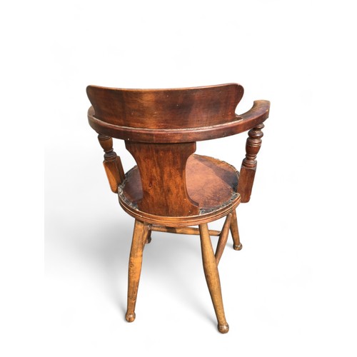 168 - Antique Beech Late 19th Century Smokers Bow Chair, having Leatherette and Studded upholstered circul... 