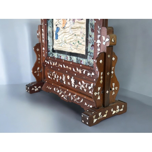 45 - A large Chinese Rosewood & mother-of-pearl inlaid screen.Fitted with Chinese silk embroidered pa... 