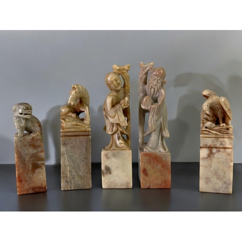 48 - A collection of five Chinese carved soapstone seals. Largest - 10cm