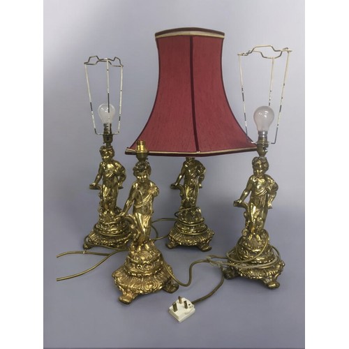 183 - Set of 4 Vintage Brass/Brassed Putti Figural Metal Lamps in the Rococo Style Putti all with Shades 2... 