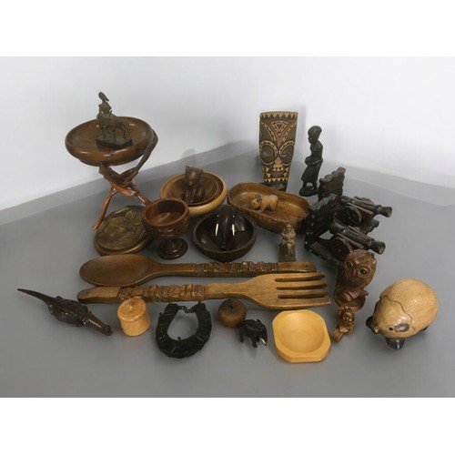 103 - Large Ensemble of Carved Wooden Items, some African, Some European. Animals, Bowls Pair of Cannon Bo... 