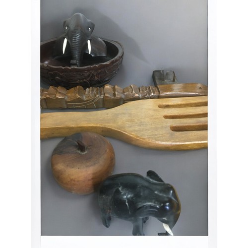 103 - Large Ensemble of Carved Wooden Items, some African, Some European. Animals, Bowls Pair of Cannon Bo... 