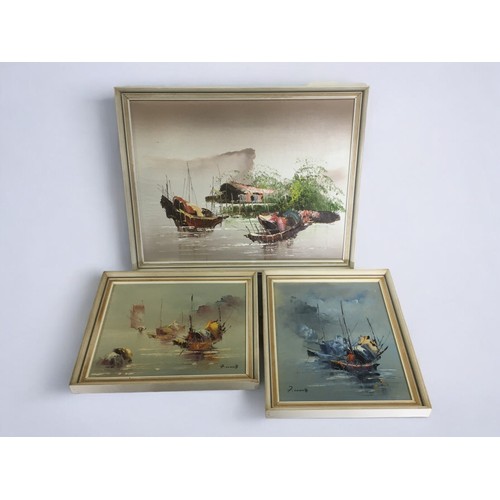 38 - F Wong - Original Oil on Boards, Mid Century Chinese Boating scenes x 3.Largest H 36cm x W44cm