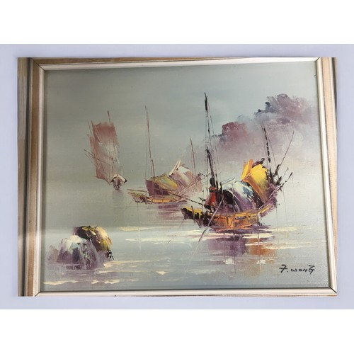 38 - F Wong - Original Oil on Boards, Mid Century Chinese Boating scenes x 3.Largest H 36cm x W44cm