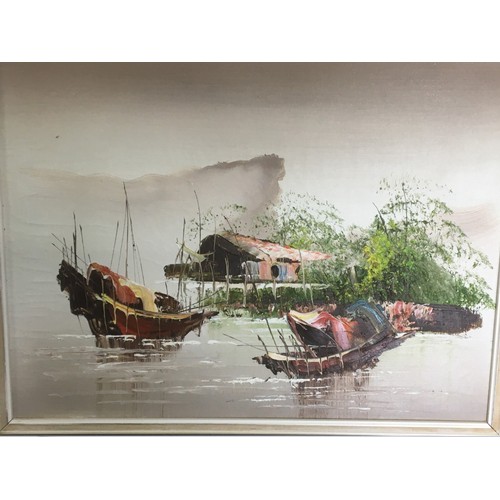 38 - F Wong - Original Oil on Boards, Mid Century Chinese Boating scenes x 3.Largest H 36cm x W44cm