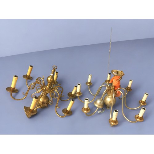 187 - An 8 branch and a 6 branch Brass Chandeliers with Faux Candle style Fittings. Both have the chain an... 