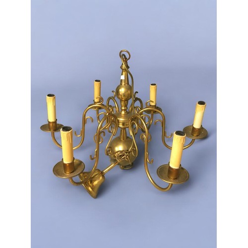 187 - An 8 branch and a 6 branch Brass Chandeliers with Faux Candle style Fittings. Both have the chain an... 