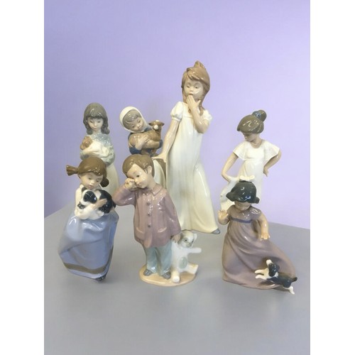 56 - 7 Nao Figurines Boy with Teddy Bear, Girl with Lamb, Girl with Puppy etc