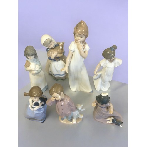 56 - 7 Nao Figurines Boy with Teddy Bear, Girl with Lamb, Girl with Puppy etc