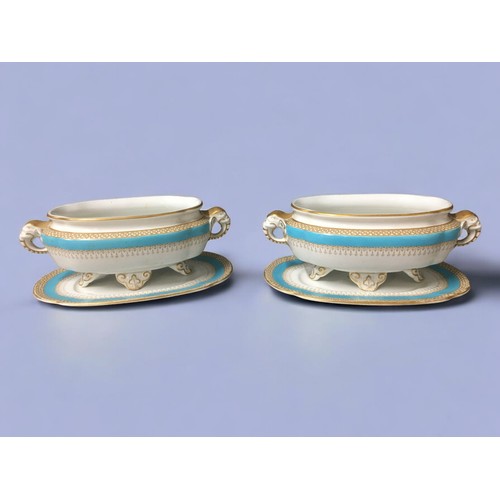 107 - 1886 Royal Worcester Elephant Handled Pair of Serving Dishes with Plate Stands, Turquiose and Gold D... 