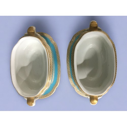 107 - 1886 Royal Worcester Elephant Handled Pair of Serving Dishes with Plate Stands, Turquiose and Gold D... 