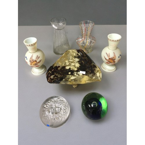 133 - Verre De Monaco Vase, Uranium Glass Vases, Owl Faced Paperweight and an unusual Mottled Glass Dish