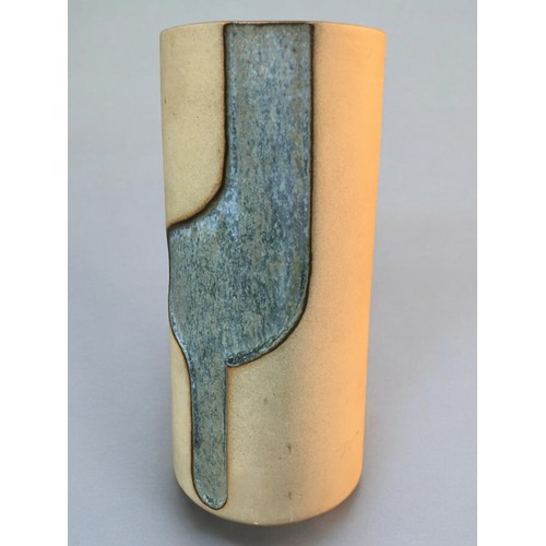 109 - Tolcarne Pottery, a cylindrical studio pottery vase, incised with a blue geometrical motif, on a sto... 