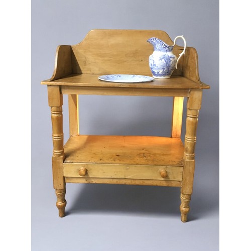 165 - Victorian Pine Wash Stand with Blue and White Transfer Ware Jug and Bowl (Un Associated but fit Nice... 