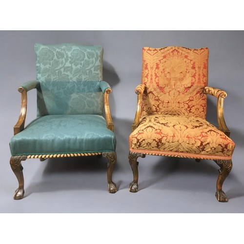 28 - Pair of Upholstered Ball and Claw Footed Early 20th Century Arm Chairs with Dragooning detail and Ac... 