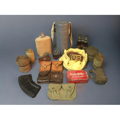 195 - WW2 and Later Militaria Collection, Leather Pouches, Binoculars, German 