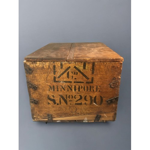 29 - Vintage Steel Bound Chest on Wheels and Contents. Nice Stenciling to Chest and an eclectic contents!... 