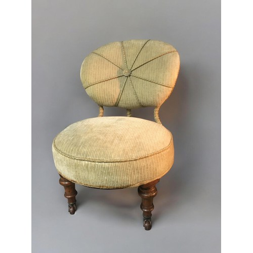 30 - Victorian Nursing/Boudoir Chair with Floating Balloon Back Corduroy and Brocade Upholstery. Turned W... 