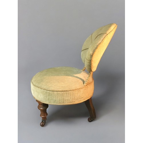 30 - Victorian Nursing/Boudoir Chair with Floating Balloon Back Corduroy and Brocade Upholstery. Turned W... 