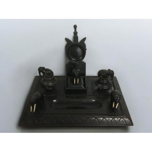 15 - Anglo Indian Ebony Desk Standish having carved Elephant Figural Decoration.