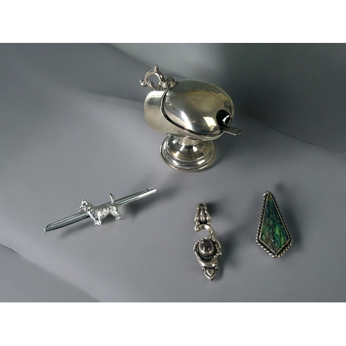 609 - Two silver Art nouveau style pendants.Includes a 'Scottie' brooch and small salt pig.