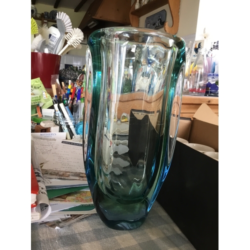 48 - Murano Heavy Glass Vase, Mid Century Art Glass. Green and Blue Hues,  Height 25cm.