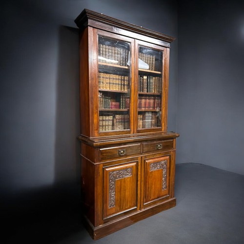 10 - Art Nouveaux Quality Glass fronted Bookcase with Cupboard and 2 drawers over. Foliate Vine design to... 