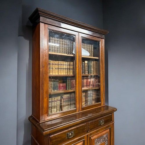 10 - Art Nouveaux Quality Glass fronted Bookcase with Cupboard and 2 drawers over. Foliate Vine design to... 