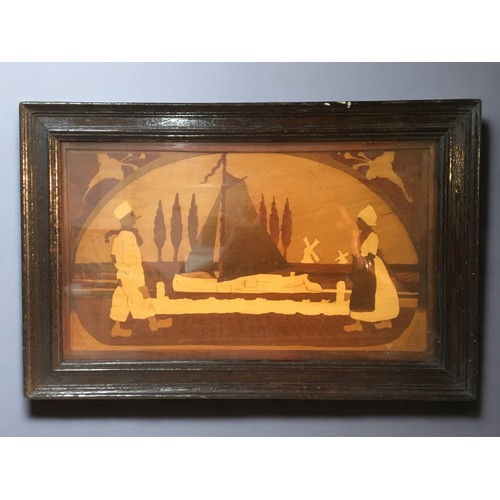 37 - Dutch Marquetry Pictorial Panel.  Signed AA May 1914 Verso. Framed and Glazed.H 28cm x W 43cm