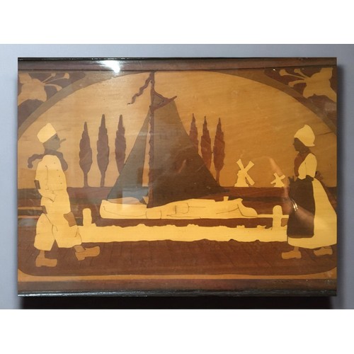 37 - Dutch Marquetry Pictorial Panel.  Signed AA May 1914 Verso. Framed and Glazed.H 28cm x W 43cm